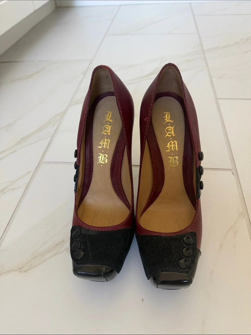 L.A.M.B. Burgundy and Black Button-Accent High Heels